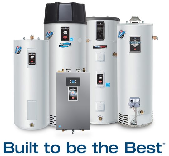 image of bradford white hot water tanks and tankless water heaters that are built in the USA with a slogan that they are "Built to be the Best"